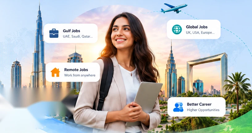Smiling job seeker with a tablet in front of the Dubai skyline, with Gulf, global and remote job highlights